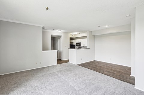 B1 floor plan living room and kitchen at Jefferson Creek Apartments in Irving, TX.